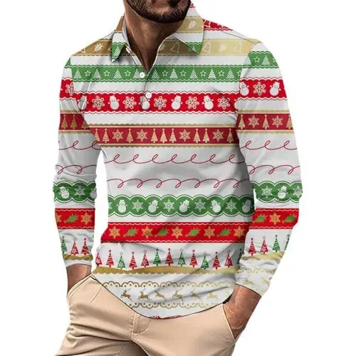 Produktbild: Weihnachtshemd Herren Christmas Print Weihnachtskostüm Hemd Herren Reverskragen Langarm Weihnachtsoutfit Weihnachtsmann Kostüm Weihnachten T-Shirts Für Herren Freizeithemd Männer Geschenke