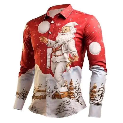 Produktbild: Weihnachtshemd Herren Christmas Print Weihnachtskostüm Hemd Herren Reverskragen Langarm Weihnachtsoutfit Weihnachtsmann Kostüm Weihnachten T Shirt Herren Freizeithemd Lustige Geschenke Für Männer