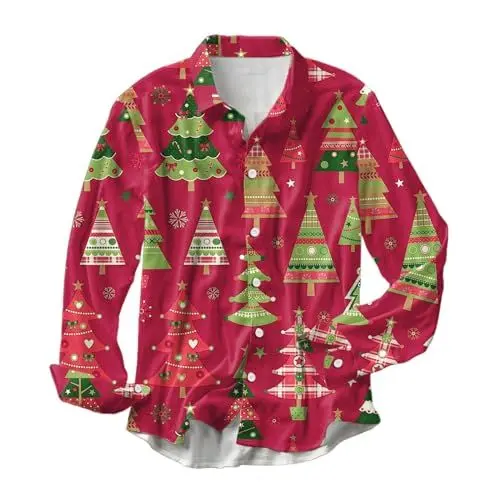 Produktbild: Weihnachtshemd Herren Christmas Print Weihnachtskostüm Hemd Herren Reverskragen Langarm Weihnachtsoutfit Weihnachtsmann Kostüm Weihnachts T-Shirts Für Herren Freizeithemd Männer Geschenke