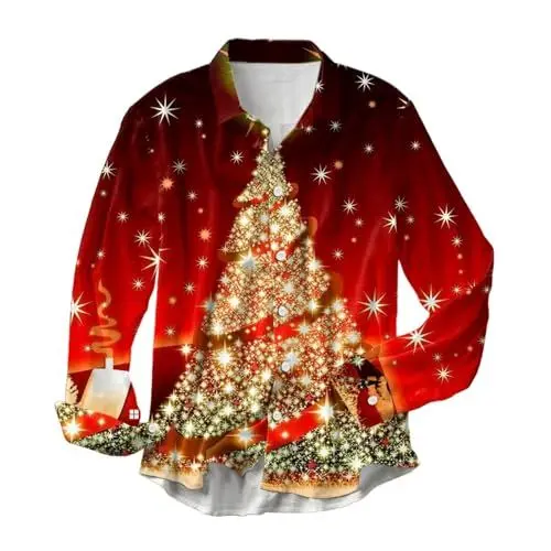 Produktbild: Weihnachtshemd Herren Christmas Print Weihnachtskostüm Reverskragen Langarmshirt Herren Weihnachtsoutfit Weihnachtsmann Kostüm Weihnachten T Shirt Herren Freizeithemd Geschenk Für Männer