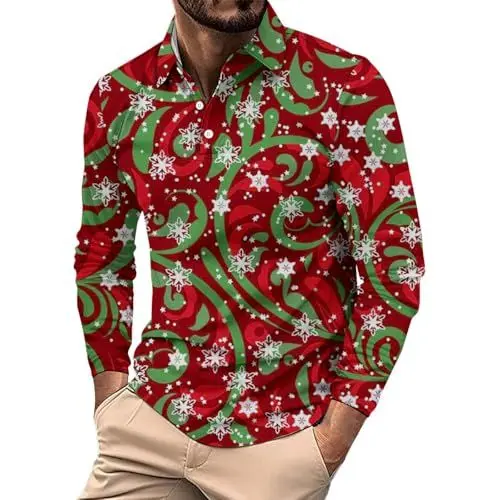 Produktbild: Weihnachtshemd Herren Christmas Print Weihnachtskostüm Reverskragen Longsleeve Herren Weihnachtsoutfit Weihnachtsmann Kostüm Weihnachten T Shirt Herren Freizeithemd Lustige Geschenke Für Männer