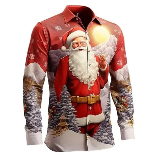 Produktbild: Weihnachtshemd Herren Christmas Print Weihnachtskostüm Reverskragen Longsleeve Herren Weihnachtsoutfit Weihnachtsmann Kostüm Weihnachts T Shirt Herren Freizeithemd Männer Geschenke