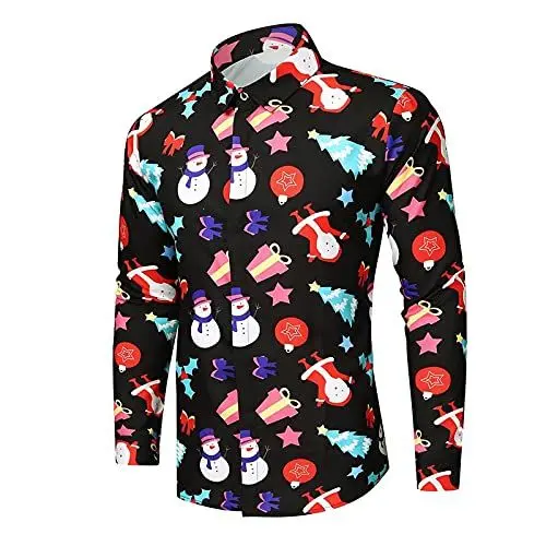 Produktbild: Weihnachtshemd Herren Christmas Print Weihnachtskostüm Stehkragen Langarmshirt Herren Weihnachtsoutfit Weihnachtsmann Kostüm Weihnachten T Shirt Herren Freizeithemd Männer Geschenke