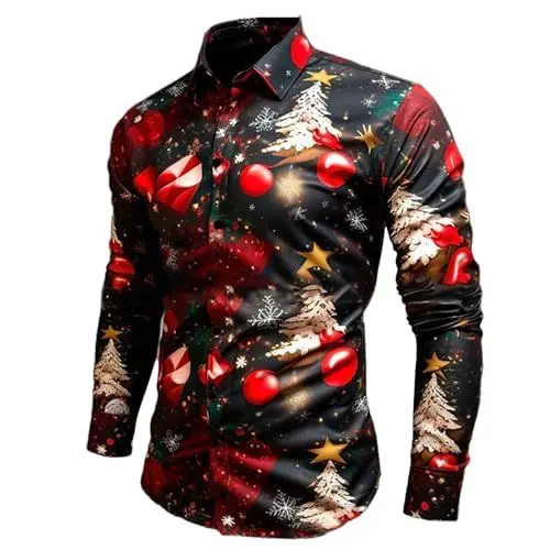 Produktbild: Weihnachtshemd Herren Regular Fit Weihnachtspulli Herren M mit 3D Drucken Weihnachtsmotiv Funky Christmas Shirt Weihnachtshemden Männer Button Up Weihnachtshemden Weihnachtshemd Herren XL