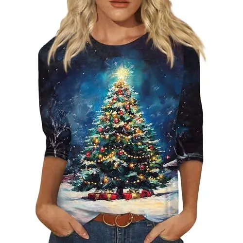 Produktbild: Weihnachtshemd Weihnachtskleidung Damen Silvester Outfit Damen Elegant Asymmetrische Oberteile Damen Weihnachts Glitzer Top Damen Weihnachtsmotiv Weihnachtsmann Kostüm Damenblusen Blau L