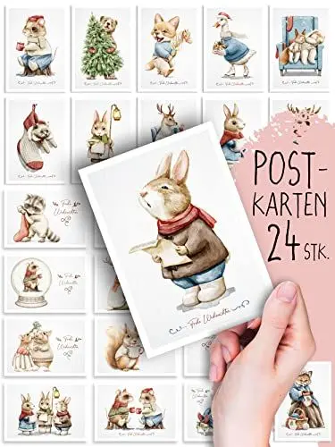 Produktbild: Weihnachtskarten 24 Stück Postkarten, Tierisch schön, Boho Deko, Design, Illustration, niedlich süße Weihnachtspostkarten, Weihnachten, Xmas, Set, Mix, Geschenk, Grußkarten, Geschenkkarten