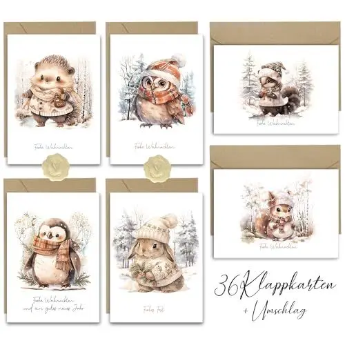 Produktbild: Weihnachtskarten 36 Premium Weihnachtskarten mit Umschlag Set - A6 Postkarten mit Tierisch Schön, Kleine Weihnachtskarten für Kinder Merry Christmas Cards Grußkarten Weihnachten Hase Eule Eichhörnchen