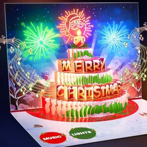 Produktbild: Weihnachtskarten mit Umschlägen, Weihnachtskarte mit Pop-up-Kuchen, Lichtern und Musik FROHE WEIHNACHTEN, Pop-up-Weihnachtskarte, Frohe Weihnachtskarten 2024 für Männer, Frauen und Kinder
