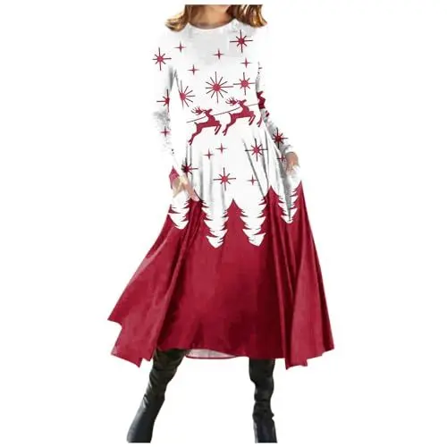 Produktbild: Weihnachtskleid Damen Asymmetrisch Elegant Knielang Weihnachten Rotes Kleid Langarm A Linie Taille Kleid Mode Christmas Damen Weihnachtskleider Schneemann Festlich Kleider Mit Taschen