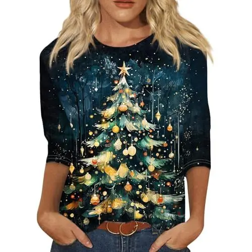 Produktbild: Weihnachtskleid Damen Bluse Damen Elegant Klamotten Damen Hemd Damen Elegant Weihnachtsbekleidung Weihnachtsshirt Mädchen Hemd Damen Elegant Weihnachts Tshirt Christmas Festliches Blau 2XL