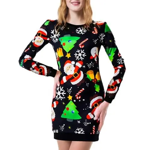Produktbild: Weihnachtskleid Damen Langarm- Xmas Festliches Kleider Weihnachten Große Größen- Sexy Weihnachtskleidung Baumwolle- Christmas Dress Rentier Schneeflocken Women Cocktail Autumn Winter Abendkleid Party