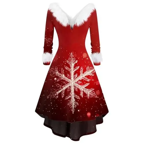 Produktbild: Weihnachtskleid Damen Lustig mit Weihnachtsmotiv, Festliche Langarm A Linie Kleider für Frauen, Weihnachtsfeier Elegant Lustige Weihnachtskleider mit Motiv