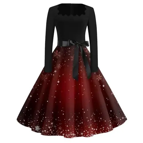 Produktbild: Weihnachtskleid Damen Cocktail Schneemann Festliches Kleid Mädchen Lange Ärmel Abendkleid Lang mit Ärmeln Weihnachtsfrau Kostüm Damen Silvester Kleid Damen Kleider Weihnachten Rot S