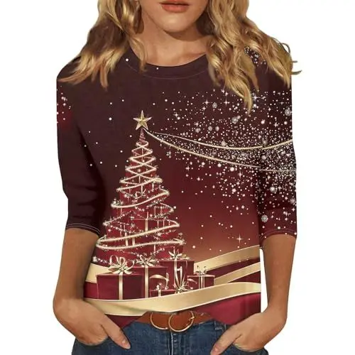 Produktbild: Weihnachtskleid Gothic Mode Rote Bluse Damen Elegant Damenblusen Langarm Elegant Festlich Weihnachten Tshirt Damen Weihnachten Outfit Damen Geschenk Weihnachten Glitzer Bluse Rot 2XL