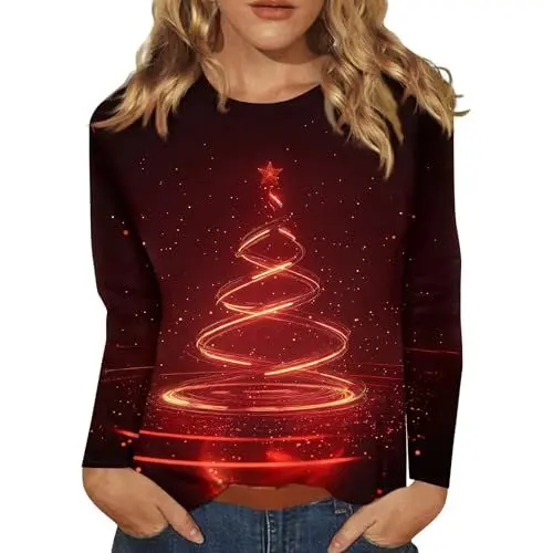 Produktbild: Weihnachtskleid Pailletten Oberteil Damen Festliche Oberteile Damen Glitzer Weihnachtsdeco Weiße Bluse Damen Elegant Hemd mit Weihnachtsmotiv Festliches Oberteil Damen Glitzer Rot 2XL