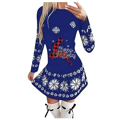 Produktbild: Weihnachtskleider für Mädchen, Kleider Weihnachten Herbst Winter Wickelkleid Strickkleid Schneeflocke Weihnachtskleid Langärmeliger Rundhalsausschnitt Partykleid Weihnachtskleid Lustig (Blau,M)