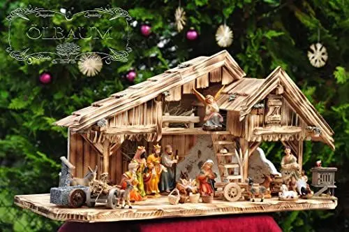 Produktbild: Weihnachtskrippe geflammt mit XXL-DEKO-SET + Premium-Krippenfiguren, XXL Holz-Weihnachtskrippe, mit GRANITBRUNNEN 