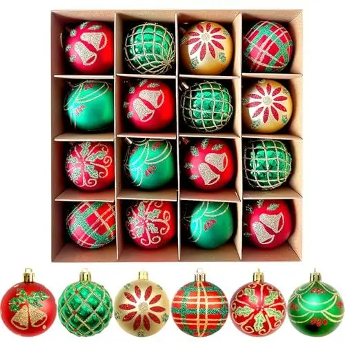 Produktbild: Weihnachtskugeln Set, 16 Stück 6cm Christbaumkugeln Kunststoff Weihnachtsbaum Deko Weihnachtsbaumschmuck mit Aufhänger Bruchsicher Baumschmuck Weihnachtskugeln (rot&grün)