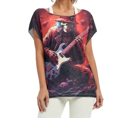 Produktbild: Weihnachtskunst-Rage-Gitarrist Damen Shirt Rundhals Kurzarm T-Shirt Lose Bequeme Oberteile für Mädchen