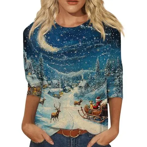 Produktbild: Christmas Geschenke Festliche Blusen Damen Tunika Damen Sommer Bluse Festlich Ugly Christmas Shirt Damen Umstandsbluse Weihnachtskleider Damen Damen Bluse Weihnachtskleid Blau 3XL