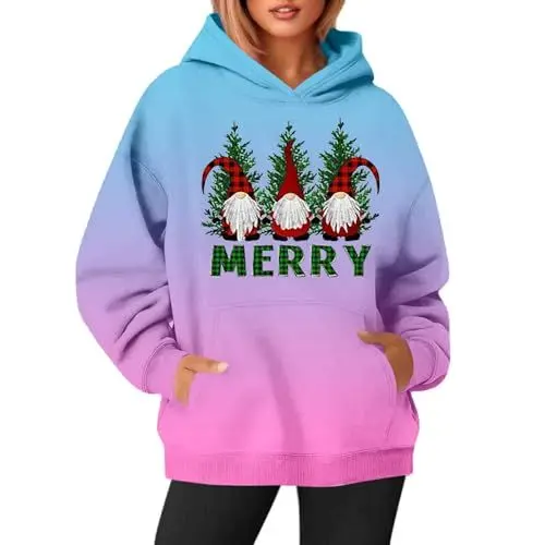 Produktbild: Weihnachtsoutfit Ugly Christmas Sweater Weihnachtspullover Weihnachts Tshirt Shirt Weihnachtsshirt Damen Oversized Langarm Christmas Hoodie Sweatshirts FüR Damen Weihnachts Oberteil(Sky Blue,XL)