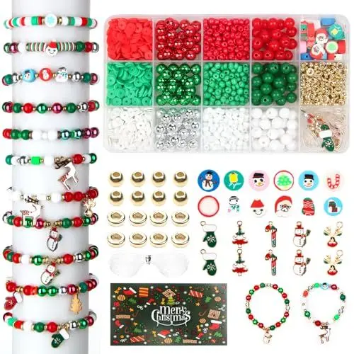 Produktbild: Weihnachtsperlen für die Schmuckherstellung, Weihnachtsbaum Elch Vater Weihnachtsanhänger und Rot Grün Weiß Weihnachten Clay Perlen Gold Abstandsperlen für Armbänder Halskette Herstellung DIY Handwerk