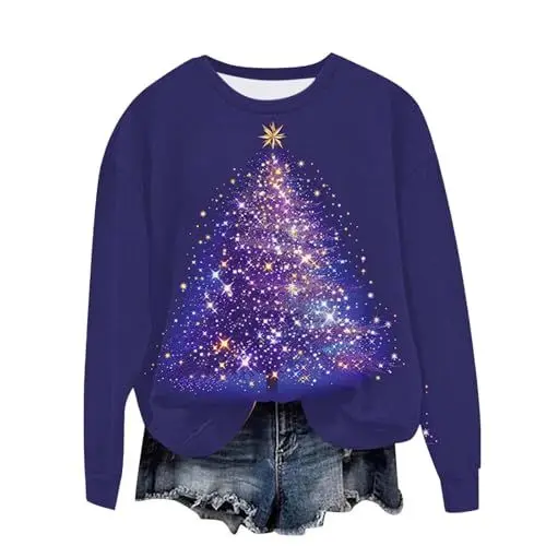 Produktbild: Weihnachtspullover Damen Lustig Langarmshirt Weihnachtsoutfit Christmas Sweatshirt Weihnachten Oberteil Weihnachts Pyjama Pullover Frauen Kleidung Weihnachtsbaum Xmas Pulli Mehrfarbig S