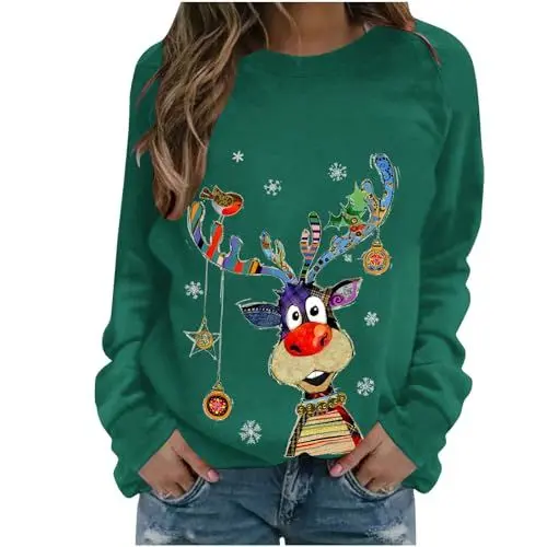 Produktbild: Weihnachtspullover Damen Lustig Weihnachtsoutfit Christmas Sweatshirt Weihnachtsshirt Langarmshirt Weihnachten Bluse Xmas Pyjama Kleidung Weihnachts Pullover 2025 Festliche Oberteil Armeegrün S