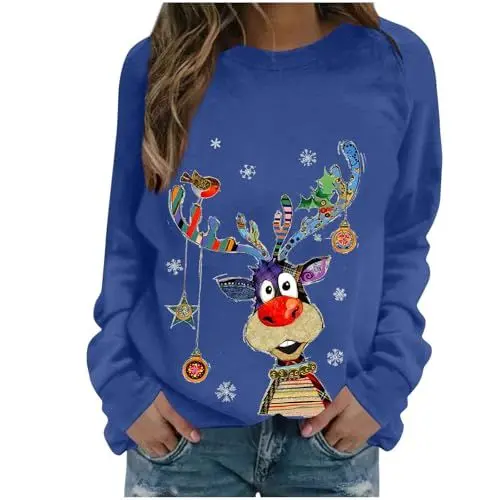 Produktbild: Weihnachtspullover Damen Lustig Weihnachtsoutfit Christmas Sweatshirt Weihnachtsshirt Langarmshirt Weihnachten Bluse Xmas Pyjama Kleidung Weihnachts Pullover 2025 Festliches Outfit Blau XL