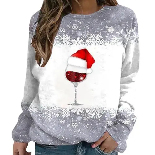 Produktbild: Weihnachtspullover Damen Lustig Weinglas Gedruckt Muster Druck Weihnachtpullis Langarm Rundhals Niedlich Pullover Xmas Pulli Frauen Bluse Tops Elegant Weihnachten Pullover Damen (Dark Gray, 3XL)