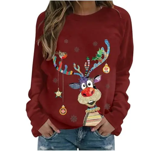 Produktbild: HXRYPG Weihnachtspullover Damen Weihnachten Sweatshirt Lustige Weihnachts Pullover Langarmshirt Ugly Christmas Shirt Hässlich Weihnachtsshirt Langarm Weihnachtsoutfit Gutschein Burgunderrot S