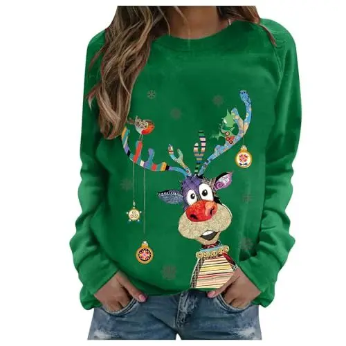 Produktbild: Weihnachtspullover Damen Lustige Weihnachtsoutfit Langarmshirt Outlet Angebote Weihnachtsshirt Christmas Sweatshirt Weihnachts Pyjama Pullover Xmas Weihnachten Bluse Prime Grün M