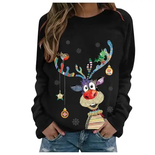Produktbild: Weihnachtspullover Damen Lustige Weihnachtsoutfit Langarmshirt Outlet Angebote Weihnachtsshirt Christmas Sweatshirt Weihnachts Pyjama Pullover Xmas Weihnachten Bluse Prime Schwarz XL
