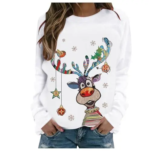 Produktbild: Weihnachtspullover Damen Lustige Weihnachtsoutfit Langarmshirt Sale Damen Weihnachtsshirt Christmas Sweatshirt Weihnachts Pyjama Pullover Xmas Weihnachten Bluse Sale Angebote Weiß XXL
