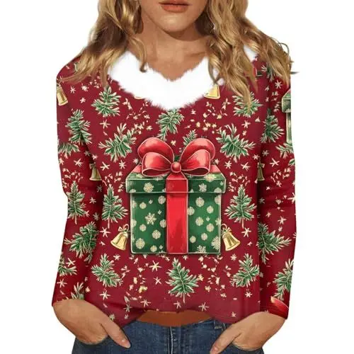 Produktbild: Weihnachtspullover Damen Pullover Winter Elegant Christmas Sweatshirt Mit Komisch Gedruckt Damenpullover Damen Sanft Weihnachtspulli Wein 3XL 2024