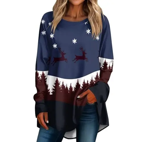 Produktbild: Weihnachtspullover Damen Rot Christmas Shirt Cute Designer Kleidung Still Oberteil Pullover mit Weihnachtsmotiv Warmer Weihnachts Blau 2XL