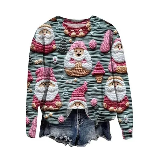 Produktbild: Weihnachtspullover Damen Sweatshirt Weihnachten Damen Partner Pyjama Weihnachten Strickpullover Damen Sommer Kurzarmpullover Damen Strickpullover Damen Blau Langarmshirt Sport Damen