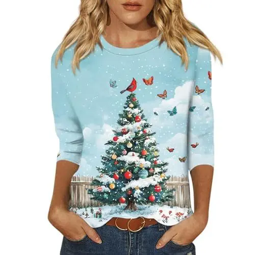 Produktbild: Weihnachtspullover Damen XXL Women's Long Sleeve Sweatshirt Printed Top Casual Pullover Christmas Weihnachts-Leggings für Frauen Damen Tshirt Schwarz Weihnachts Damen Shirt Türkis S