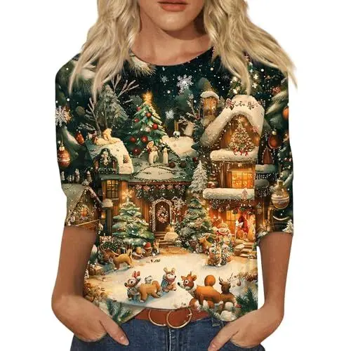 Produktbild: Weihnachtsshirt Damen Lustig 3/4 Arm Shirt Damen Schwarz Winterpullover Damen Oberteile Damen Es Kostüm Weißes Top Christmas Vacation Pullover 3/4 Arm Damen Weihnachtsmann Beige 2XL