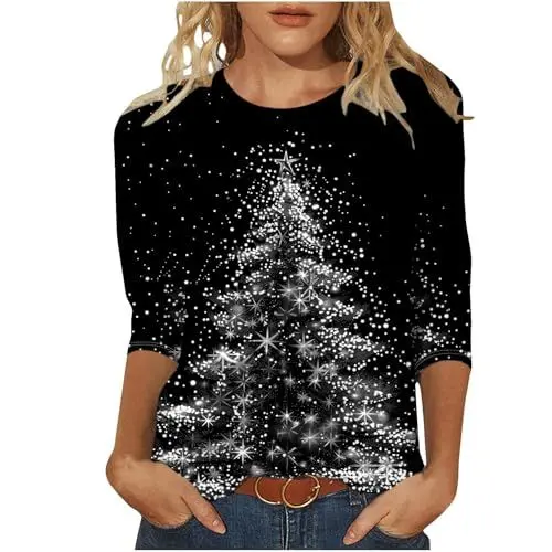Produktbild: Weihnachtsshirt Damen Lustig Weihnachtspullover Glitzer Weihnachtsbaum Weihnachtsbluse Bluse 3/4 Arm Christmas Shirt Weihnachten Outfit Festliche Oberteile Frauen Weihnachts T-Shirt Tops Schwarz 5XL
