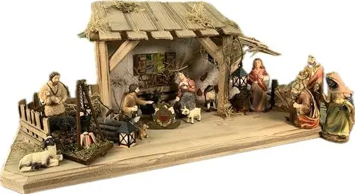 Produktbild: Weihnachtsstall Bayern, Weihnachtskrippe antik gebeizt MIT GROSSER Beleuchtung in Holz-NATURMATERIAL, Größe: 50x20x23,5 cm, Schneebedeckt, reichhaltiges Dekomaterial, gesamt 24-TLG.