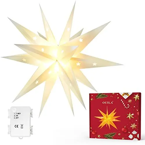 Produktbild: Weihnachtsstern 3D Leuchtstern, OUILA Φ45cm LED Beleuchtet Weihnachtsstern Batteriebetrieben mit Timer für Weihnachtsdeko Außen Innen Dekorative Leuchten Weihnachtsgeschenk Christbaumschmuck 3000K