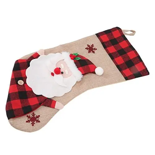 Produktbild: Weihnachtsstrumpf, Sackleinen, Rot, Kariert, 3D-Muster, Zum Aufhängen, Weihnachtsstrumpf, Ornament für Zuhause, Festival, Dekoration (Weihnachtsmann)