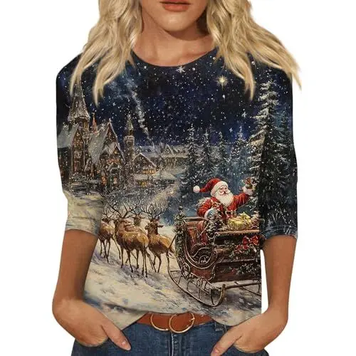 Produktbild: Weihnachten Weihnachtskleidung Damen Silvester Outfit Damen Elegant Damen Bluse Langarm Oberteil Schwarz Damen Bluse Satin Bluse Weihnachtsmotiv Damen Süßigkeiten Weihnachten Blau 2XL
