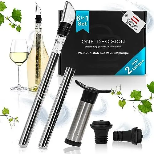 Produktbild: One Decision deluxe Weinkühlstab 6in1 Set | inkl 2 Längen Edelstahl | Weinkühler Stab+Vakuumpumpe+Ausgießer | Geschenkideen Frauen, Geschenke Männer