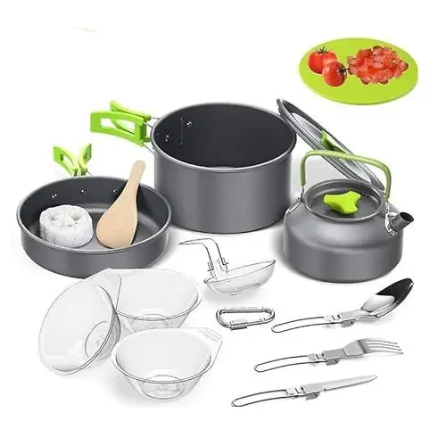 Produktbild: Weiope Camping Kochgeschirr Set für 2 Personen,14-TLG Outdoor Camping Geschirr Set mit Camping Topf und Pfanne,Tragbar Camping Kochtopf Set für Camping Outdoor Kochen Wandern Reisen