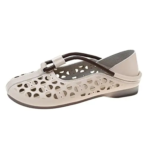 Produktbild: Weisse Ballerinas Damen Weisse Sommerschuhe Damen Damenschuhe im ethnischen Stil, Lederschuhe, hohl, atmungsaktiv, Retro-Müßiggänger, einzelne Schuhe, Schuhe Ballerina Mit Riemchen Damen (Beige, 37)