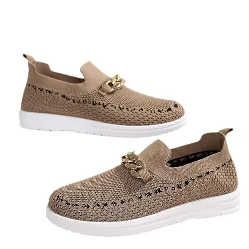 Produktbild: Weiße Chucks Damen Ohne Schnürsenkel Green Loafer Weiche orthopädische Damenschuhe, atmungsaktiv, gewebt, zum Spazierengehen, Slip-On-Schuhe aus Chunky Loafers Damen Schwarz Sneaker Beige (Brown, 37)