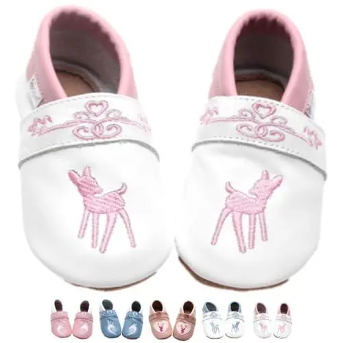 Produktbild: Baby Krabbelschuhe Weiß – Echtleder Lauflernschuhe mit rosa Rehkitz Stickerei| Trachtenschuhe für Mädchen perfekt zum Dirndl | Gr. 16/17