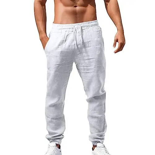 Produktbild: Weiße Leinenhose Hrren Lang Leichte Sommerhose Herren Slim Fit Freizeithose Mit Taschen Kordelzug Casual Strandhosen Elastischer Bund Urlaub Strand Yoga Hosen Männer Hosen
